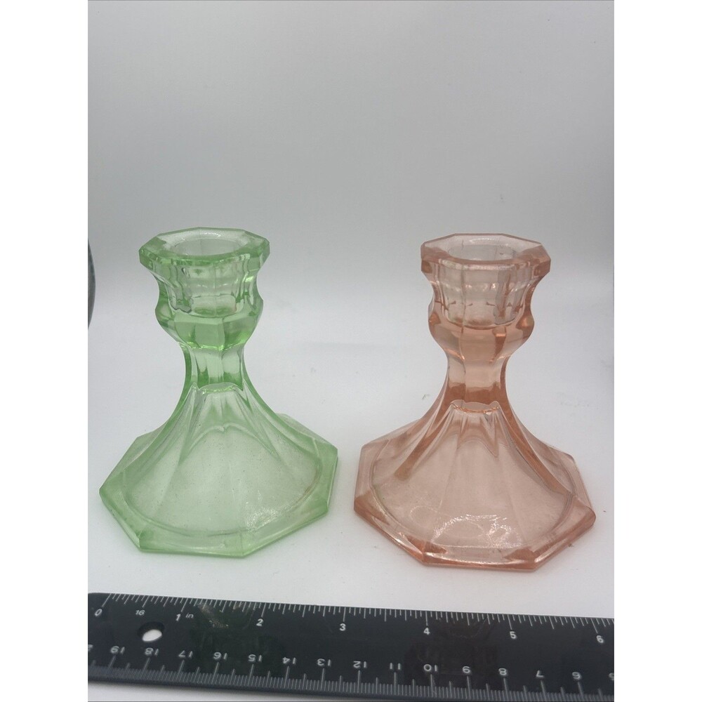 Pair of Pink & Green Vintage Elegant Depression Glass Candle Stick Holders